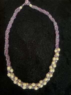 Handcrafted Purple Beaded Necklace with Pearl Accents